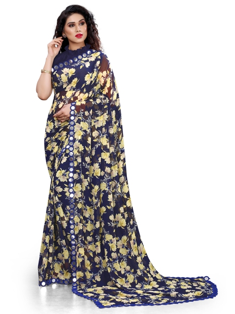 

KALINI Navy Blue & Yellow Floral Mirror Work Bagh Saree