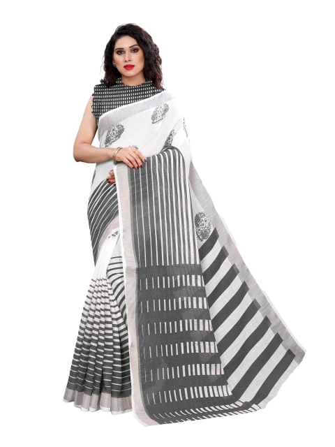 

KALINI White & Black Striped Zari Linen Blend Saree