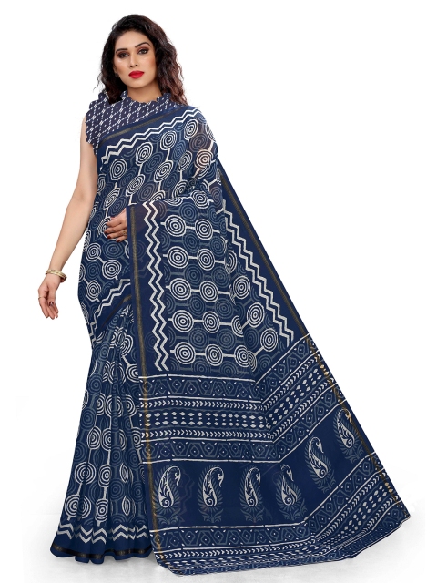 

KALINI Navy Blue & White Ethnic Motifs Saree