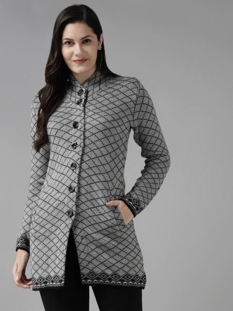 

Cayman Women Grey and Black Woollen Checked Overcoat