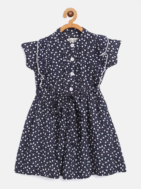 

Bella Moda Girls Navy Blue & White Polka Dots Printed Fit & Flare Dress with Belt