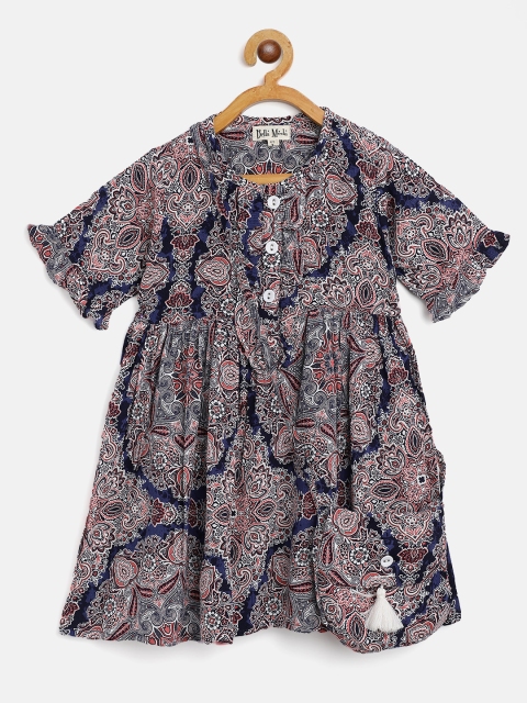 

Bella Moda Girls Navy Blue & Pink Ethnic Motifs Print Fit & Flare Dress with Sling Bag