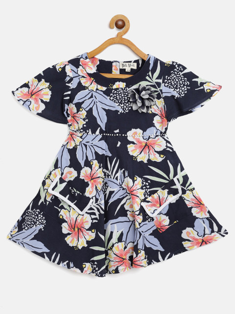 

Bella Moda Girls Navy Blue & White Floral Print Fit and Flare Dress