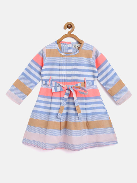 

Bella Moda Girls Blue & White Striped Fit & Flare Dress with Belt