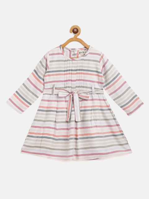 

Bella Moda Girls Off-White & Pink Striped Pleated Fit & Flare Dress