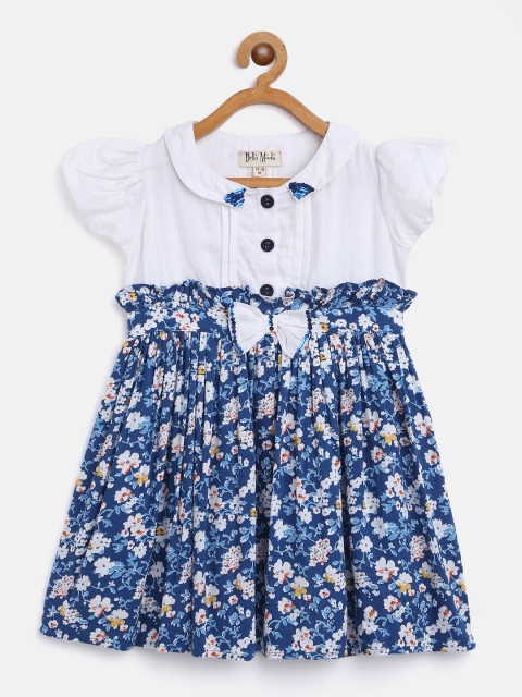 

Bella Moda Girls White & Blue Floral Print Fit and Flare Dress with Bow Detail