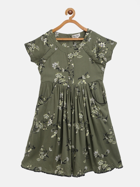 

Bella Moda Girls Olive Green Floral Printed Fit & Flare Dress