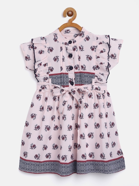 

Bella Moda Girls Pink & Navy Blue Ethnic Motifs Printed Fit & Flare Dress with Belt