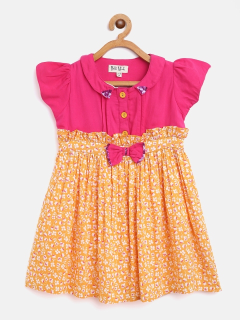 

Bella Moda Girls Pink & Orange Floral Print Fit and Flare Dress with Bow Detail