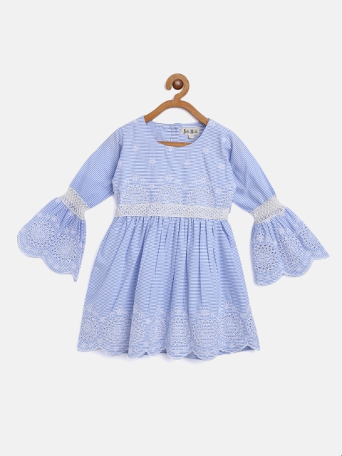 

Bella Moda Girls Blue & White Striped Schiffli Embroidered Fit & Flare Dress