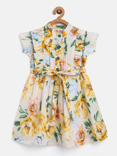 

Bella Moda Girls Off-White & Yellow Floral Print Fit and Flare Dress with Belt