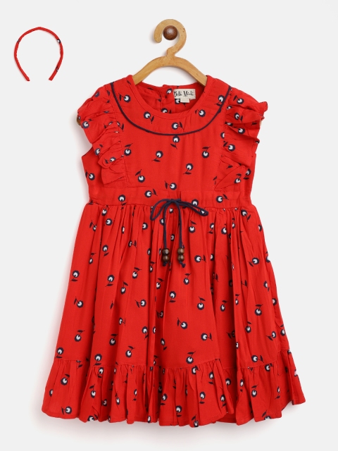 

Bella Moda Girls Red & Navy Blue Floral Print Ruffle Dress with Briefs & Hairband