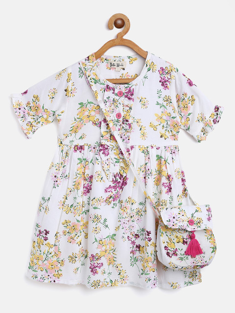 

Bella Moda Girls White & Yellow Floral Print Fit & Flare Dress with Sling Bag