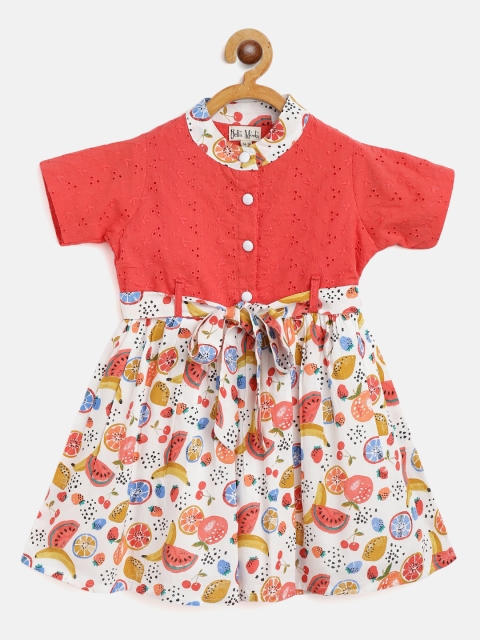 

Bella Moda Girls Coral Pink & White Fruits Print Fit and Flare Dress with Belt