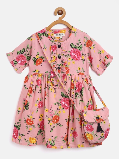 

Bella Moda Girls Pink & Green Floral Print Fit & Flare Dress with Sling Bag