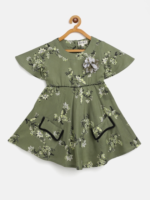 

Bella Moda Girls Olive Green & Black Floral Printed Fit & Flare Dress