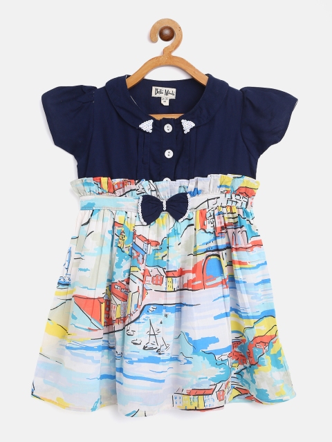 

Bella Moda Girls Blue & Orange Conversational Print Fit and Flare Dress