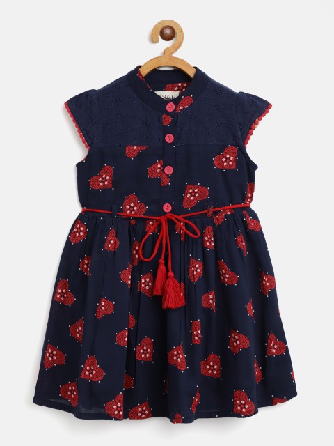 

Bella Moda Girls Navy Blue & Red Heart Print Schiffi Embroidered Fit & Flare Dress
