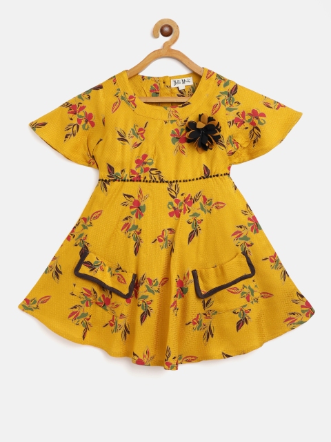 

Bella Moda Girls Mustard Yellow & Pink Floral Print Fit and Flare Dress