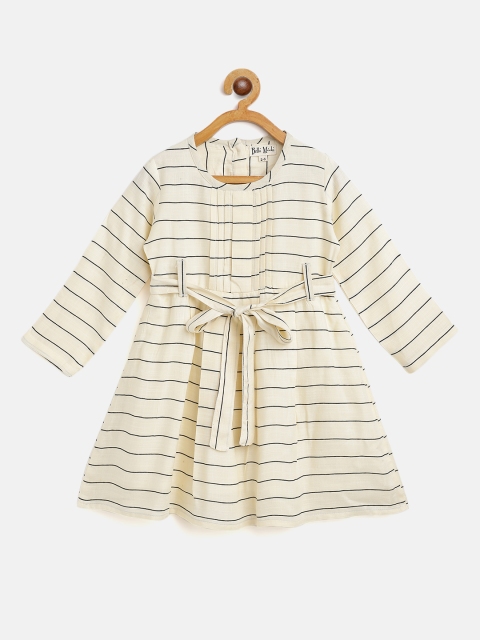 

Bella Moda Girls Cream-Coloured & Black Striped Pleated Fit & Flare Dress