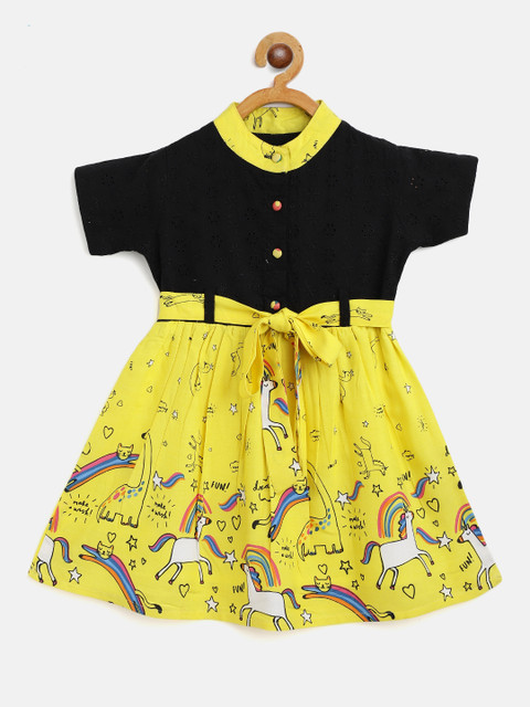 

Bella Moda Girls Yellow & Black Unicorn Print Schiffi Embroidered Fit & Flare Dress
