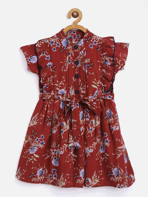 

Bella Moda Girls Rust Brown & Blue Floral Printed Fit & Flare Dress with Belt