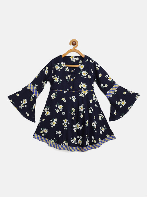 

Bella Moda Girls Navy Blue & Off White Floral Printed Fit & Flare Dress