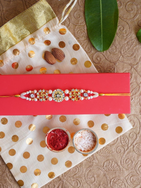

TIED RIBBONS White & Gold-Toned Embellished Rakhi with Roli Chawal