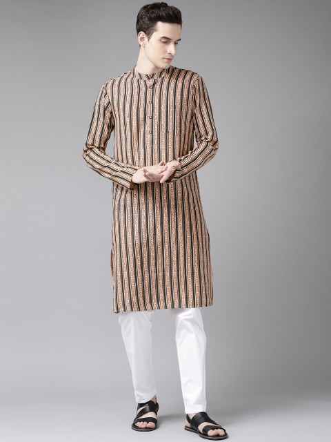 

See Designs Men Beige & Black Pure Cotton Striped Regular Kurta with Trousers