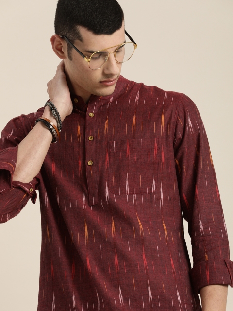 

Taavi Men Maroon Ikat Woven Design Straight Kurta with Roll-Up Sleeves