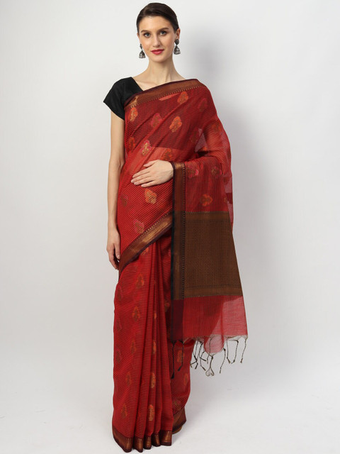 

EthnicRoom Red Woven Design Jute Cotton Handloom Banarasi Saree