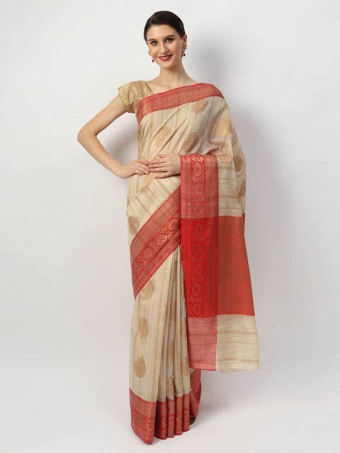 

EthnicRoom Cream-Coloured & Red Handloom Silk Cotton Banarasi Saree
