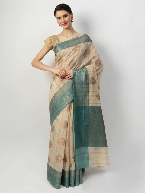 

EthnicRoom Cream-Coloured & Green Woven Design Zari Silk Cotton Banarasi Saree
