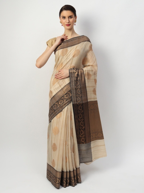 

EthnicRoom Cream-Coloured & Brown Ethnic Motifs Silk Cotton Banarasi Saree