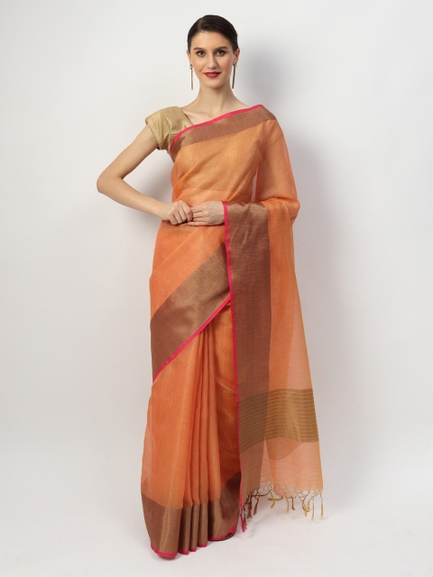 

EthnicRoom Orange & Gold-Toned Zari Silk Cotton Banarasi Saree
