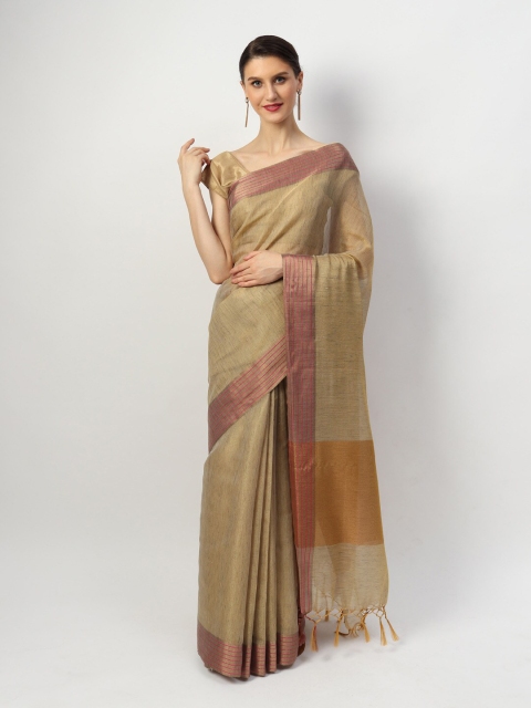 

EthnicRoom Beige Woven Design Handloom Pure Linen Banarasi Saree