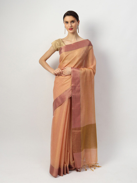 

EthnicRoom Peach-Coloured & Gold-Toned Pure Linen Banarasi Saree