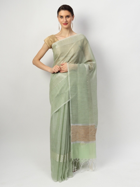 

EthnicRoom Green Woven Design Handloom Pure Linen Banarasi Saree