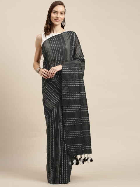 

swatika Black & White Striped Art Silk Muga Saree