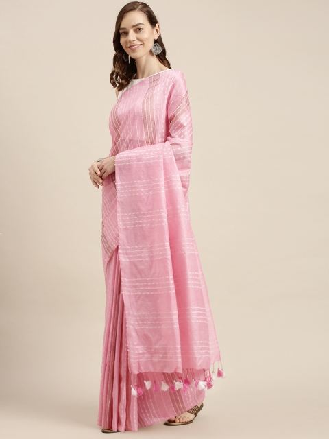 

swatika Pink & White Striped Art Silk Muga Saree