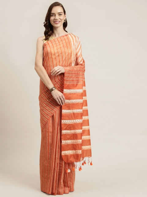 

swatika Orange Striped Handloom Art Silk Muga Saree