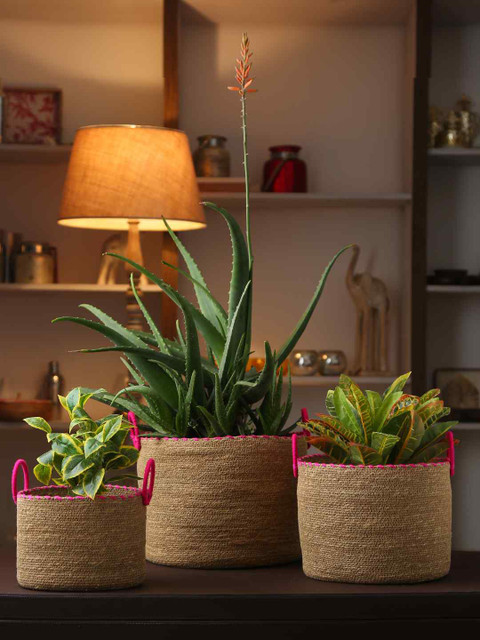 

Amoliconcepts Brown & Pink Set of 3 Jute Basket Planters
