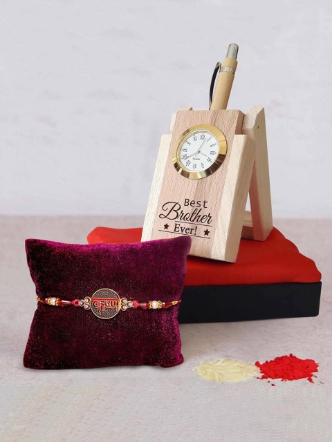 

TIED RIBBONS Rakhi For Brother With Wooden Penstand With Clock & Card Combo Gift Set, Multi