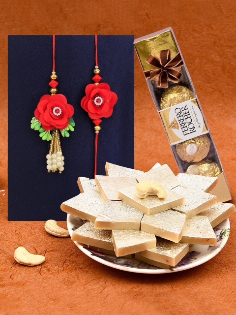 

TIED RIBBONS Bhaiya Bhabhi Lumba Rakhi Set with Kaju Katli & Chocolates Combo Gift Pack, Multi