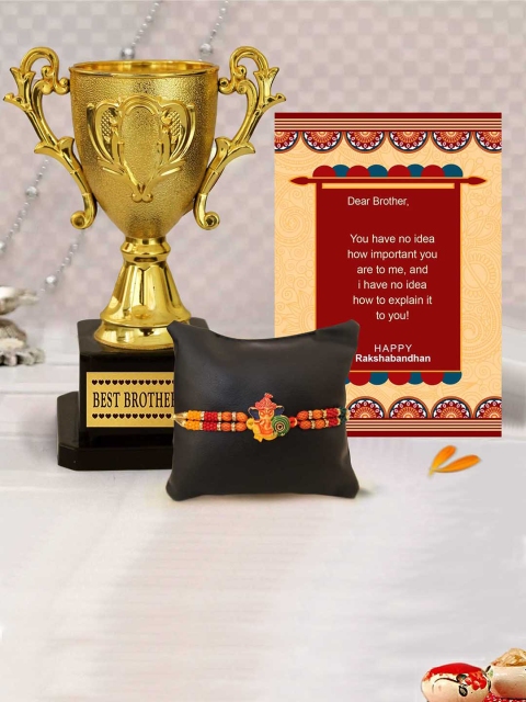 

TIED RIBBONS Rakhi for Brother with Trophy & Greeting Card Combo Gift Set, Yellow