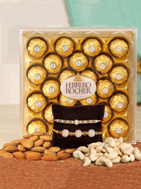 

TIED RIBBONS Gold-Toned & White 4-Pieces Rakhi Gift Set