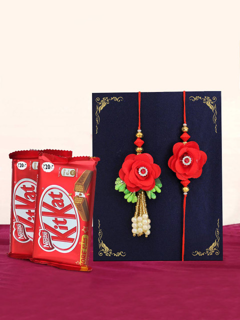 

TIED RIBBONS Bhaiya Bhabhi Lumba Rakhi Set With Kitkat Chocolates Combo Gift Pack, Multi