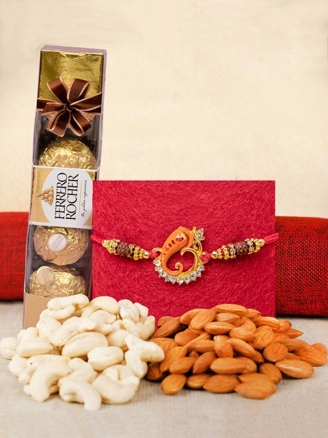 

TIED RIBBONS Orange & Gold-Toned 4-Pieces Rakhi Gift Set