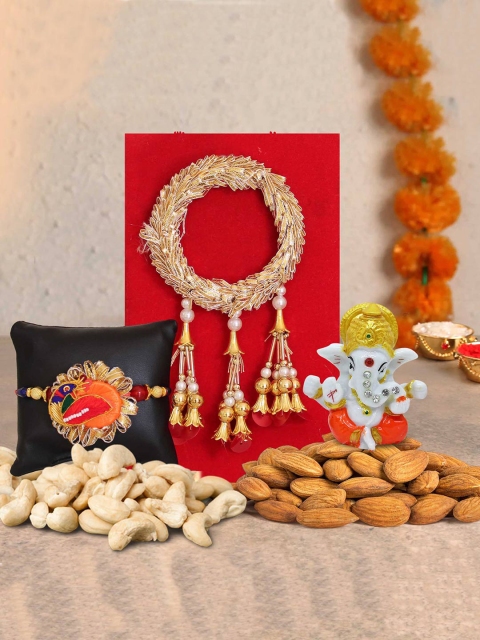 

TIED RIBBONS Bhaiya Bhabhi Lumba Rakhi Set with Mix Dry-Fruits & Ganesha Idol Combo Gift, Gold