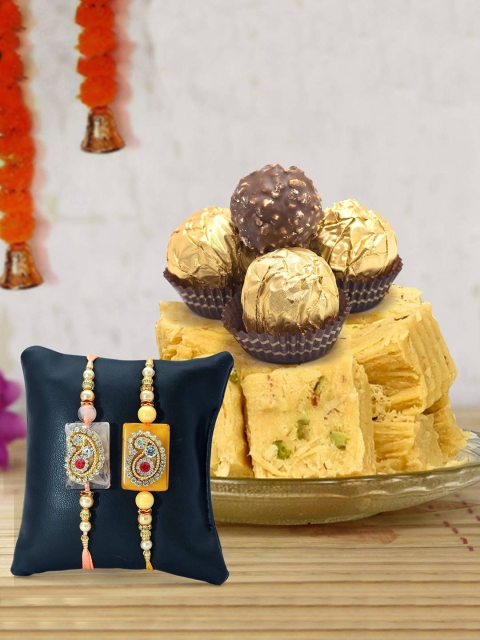 

TIED RIBBONS Yellow & Gold-Toned 4-Pieces Rakhi Gift Set